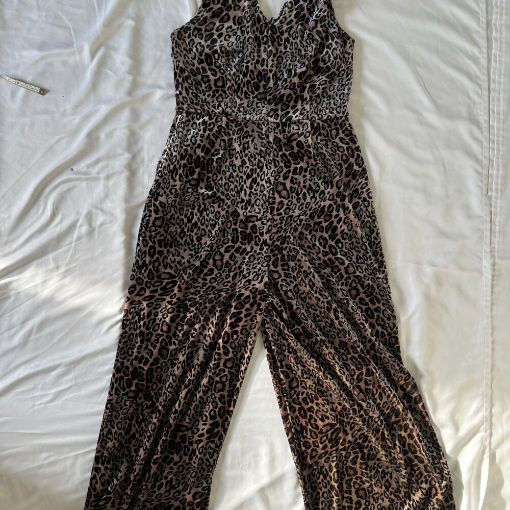 Mystree Animal Print Velvet Wide Leg Jumpsuit Sleeveless Party Mob Wife Glam M - Picture 7 of 7